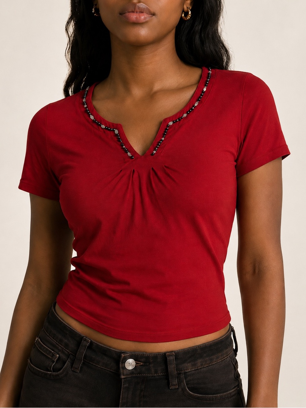 Kiara Red Beaded Embellished Neckline Short Sleeve Tee Small